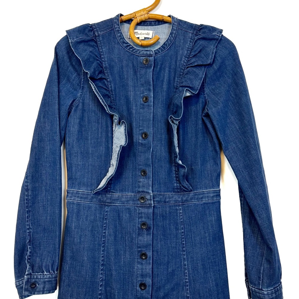 Madewell | Denim Ruffle Button Front Mini Dress Size 0 - Picture 4 of 9